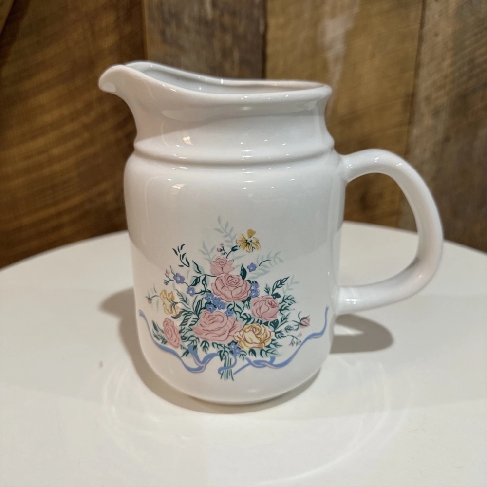 Vintage White Ceramic Pitcher with Flowers & Blue Ribbon Country Cottage 6”